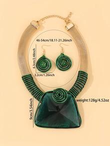 Exaggerated Multi-Layer Handmade Heavy Work Woven Beaded Resin Fashion Vintage Bright European American Bohemian Grant African Korean Middle Eastern Party Vacation Beach Square Necklace And Earrings Set - Green - View 2