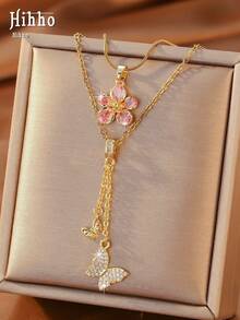 Hihho 2pcs European And American Style Pink Flower & Butterfly Y-Necklace, Double Layer Fine Chain Luxury Beach Vacation Necklace, Suitable For Beach Vacation, Date Afternoon Tea, Poolside Outfit, Short Trip, Daily Commute - Clavicle Chain - View 9