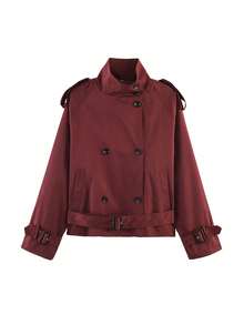 Autumn/Winter New Women's Solid Color Front Button Pocket Belted Casual Elegant Commuter Street Style Trench Coat Jacket Outerwear - Burgundy - View 7