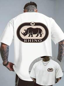 Con Rhino Power, una camiseta de manga corta y cuello redondo con estampado a doble cara, adecuada para la comodidad casual masculina y el uso diario en el trayecto al trabajo, hecha de tela - Blanco - Ver 1