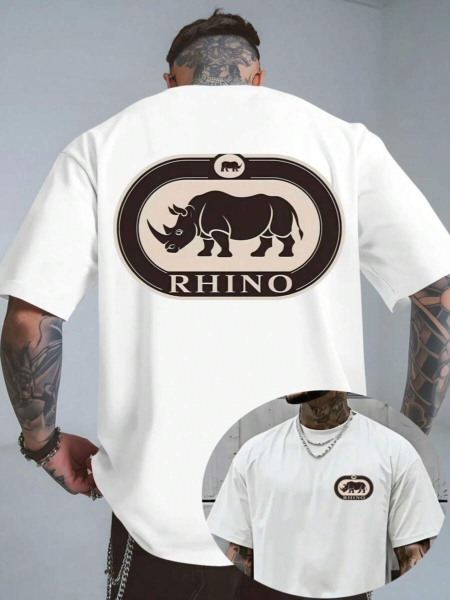 Con Rhino Power, una camiseta de manga corta y cuello redondo con estampado a doble cara, adecuada para la comodidad casual masculina y el uso diario en el trayecto al trabajo, hecha de tela - Blanco - Ver 1