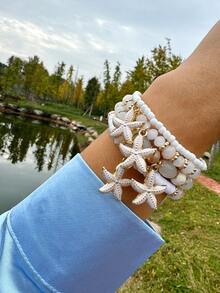4pcs/Set Fashionable Beach Vacation Style Beaded Starfish Bracelet Set, Suitable For Women's Beach Party, Holiday Wear, Gift For Friends Jewelry - White - View 3