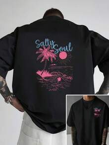 Camiseta de hombre con estampado tropical de playa - Diseño Salty con palmeras y olas, camiseta negra casual de manga corta, adecuada para el verano, perfecta para actividades en casa - Negro - Ver 2
