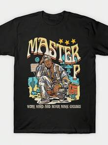 Men Master P No Excuses Pattern T Shirt |   Motivational Design For Hard Work,With Text And Construction Worker Motifs,Casual Short-Sleeve Round-Neck Shirt Suitable For All Seasons T Shirt,Suitable For Gym,Outdoor,Casual Occasions - Yellow Printings,Regular Version,Large Sizes Available. - 黑色 - 查看 1