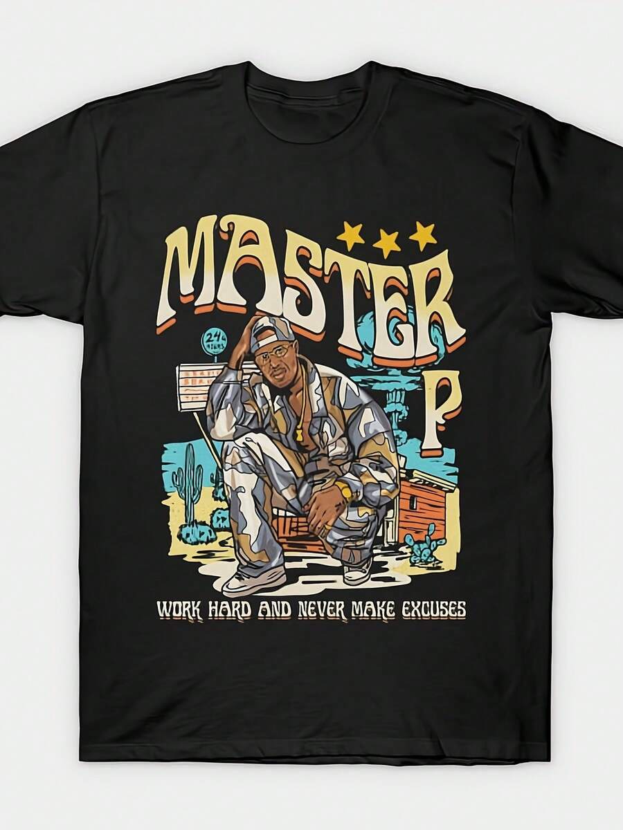 Men Master P No Excuses Pattern T Shirt | Motivational Design For Hard Work,With Text And Construction Worker Motifs,Casual Short-Sleeve Round-Neck Shirt Suitable For All Seasons T Shirt,Suitable For Gym,Outdoor,Casual Occasions - Yellow Printings,Regular Version,Large Sizes Available. - 黑色 - 查看 1