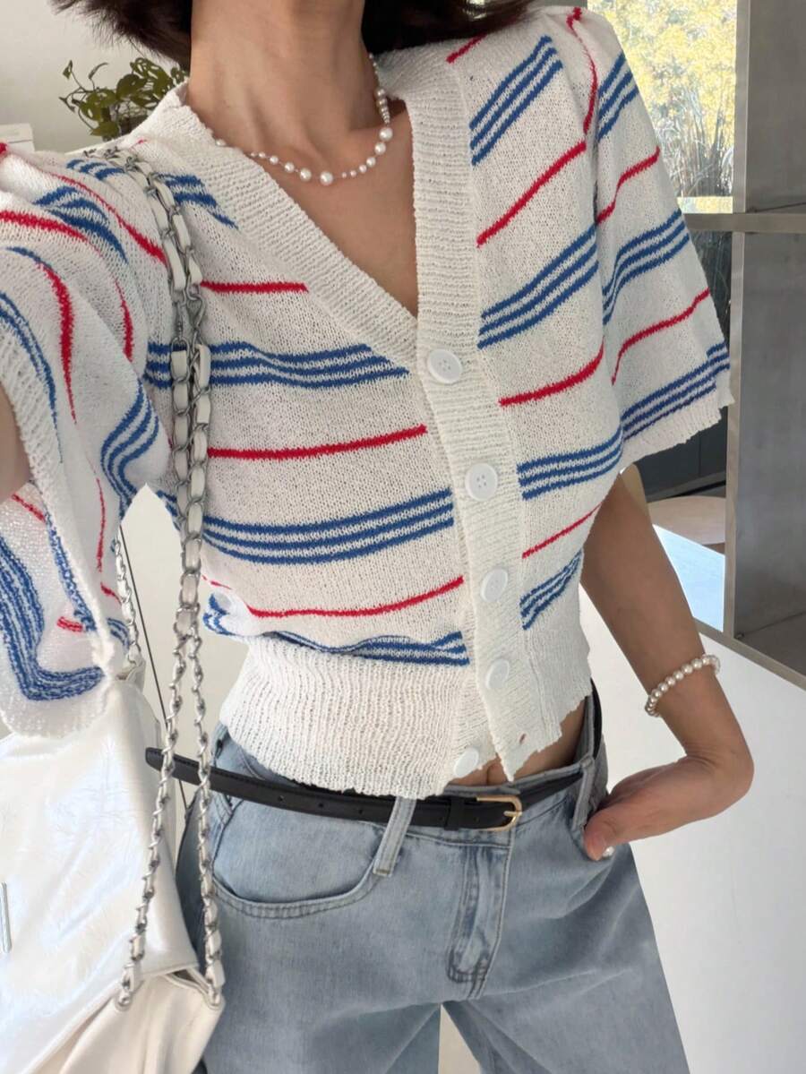 Spring/Summer Casual Color-Block Striped Short Sleeve Cardigan White - White - View 1