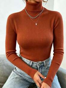 Women's Knitted Turtleneck Sweater, Basic Wool, Fashion, Super Eenvio!!! - 焦橙色 - 查看 1