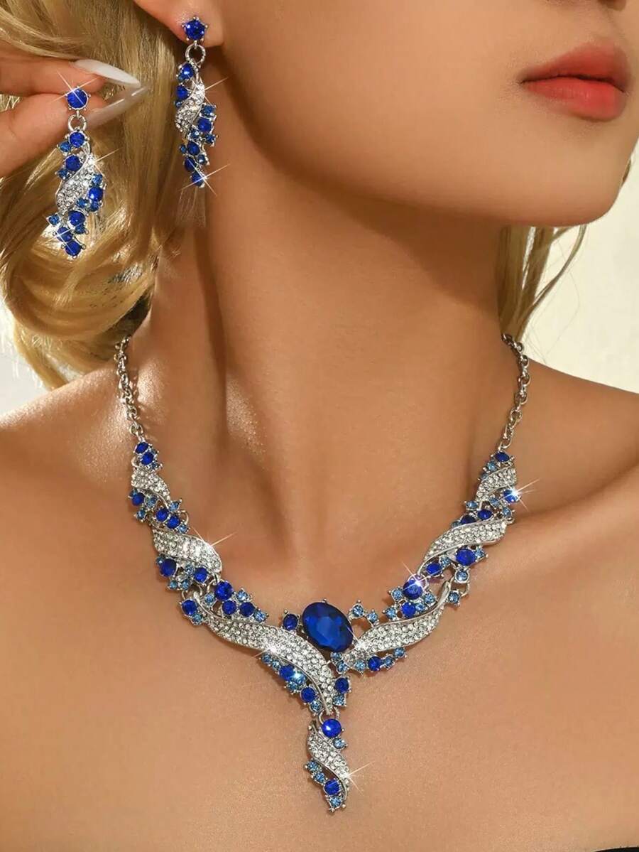 Elegant Blue Diamond Necklace And Earrings Set, Zinc Alloy Shiny Crystal Jewelry, Suitable For Wedding And Evening Party - Royal Blue - View 1