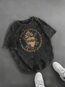 Camiseta estampada con el Sagrado Corazón de Jesús para adultos.Camiseta vintage lavada con efecto envejecido de manga corta.Elegante Vestido Individual de Alta Calidad para Damas de - Gris Oscuro - Ver 1