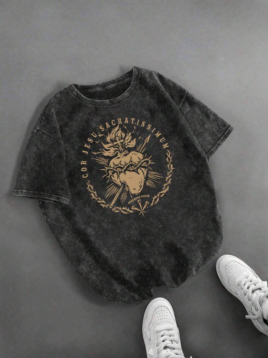 Camiseta estampada con el Sagrado Corazón de Jesús para adultos.Camiseta vintage lavada con efecto envejecido de manga corta.Elegante Vestido Individual de Alta Calidad para Damas de - Gris Oscuro - Ver 1