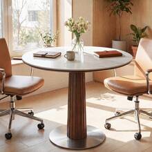 Tribesigns 31.5-Inch Round Conference Table For 2-4 People, Small Wood Meeting Room Table With Thickened Sintered Stone Tabletop And Stainless Steel Base (White + Walnut) - White and Dark Walnut - View 11