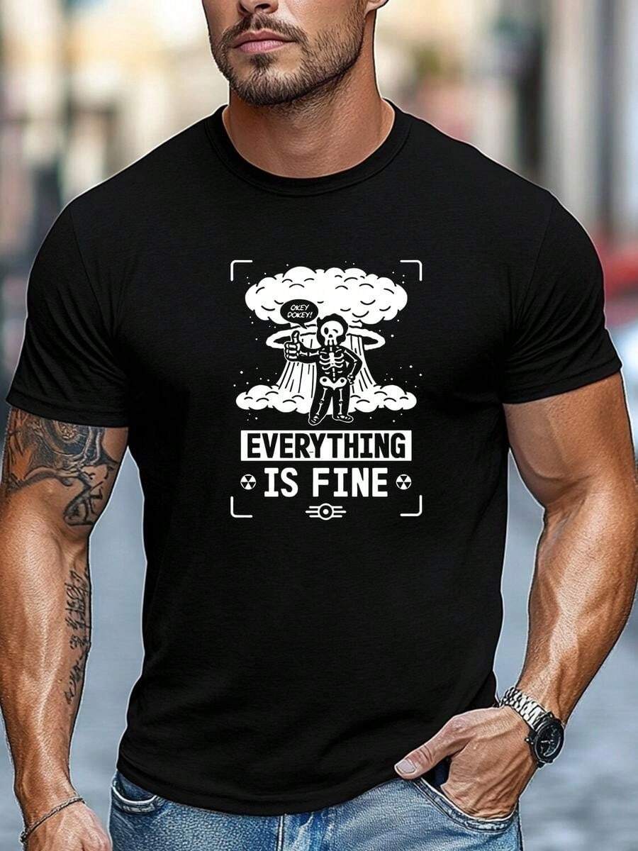 Camiseta Negra Esqueleto Broma Everything Is Fine Explosión, Casual, Estilo Humorístico Grunge, Ideal para Uso Diario - Negro - Ver 1