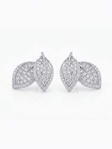 1 Paar silberne Doppelblatt-Ohrstecker, vollständig mit Strass besetzt, natürlich inspiriertes Design, elegantes und einzigartiges Accessoire für Frauen - Silber - Übersicht 7