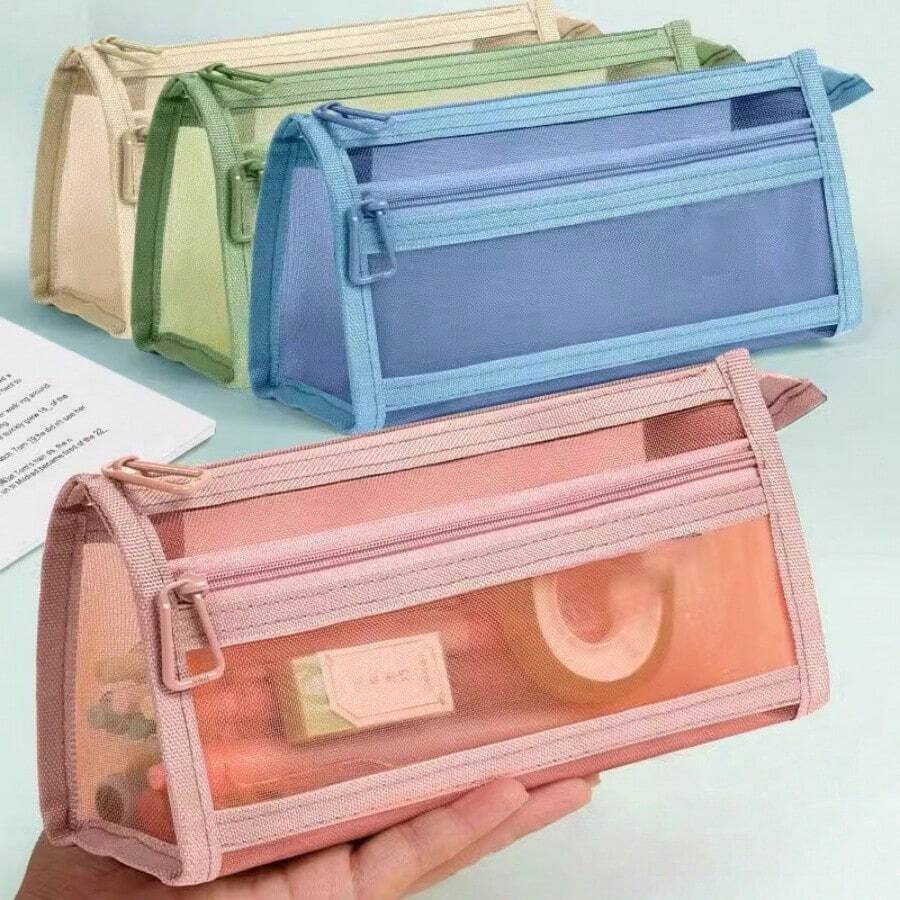 4pcs, Double Layer Transparent Mesh Large Capacity Pencil Case, Minimalist Double Layer Highly Attractive Pencil Storage - Multicolor - View 1