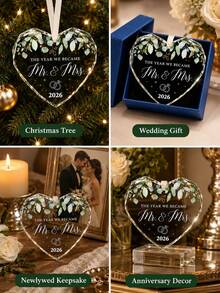 Gift Box Transparent Crystal Glass Ornament, Mr&Mrs Wedding Keepsake Pendant, Newlywed Couple Christmas Tree Hanging Decor, Valentine's Day Gift, Bridal Shower Party Favor, Anniversary And Mother's Day Newlywed Couple Gift - Heart-shaped Pendant Set - View 7