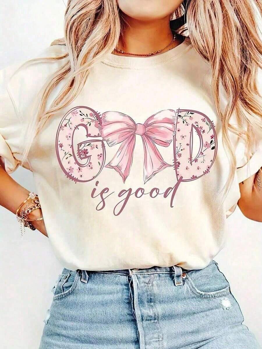 er - Beige Suave con Estampado de Biblia y la Frase "GOD Is Good" y Lazo Floral, 100% Algodón, Manga Corta, Camiseta Clásica de Algodón Grueso con Estampado Gráfico, Estilo Casual para Mujer - Blanco - Ver 1