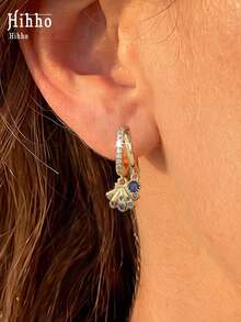 Hihho 1 Pair Ocean Vacation Style Charming Fashion Shell Earrings, Royal Blue Zirconia Accented, Versatile Women's Jewelry Earrings Suitable For Daily, Party, Outing, Holiday Decoration Gift - Seashell Earrings - View 3