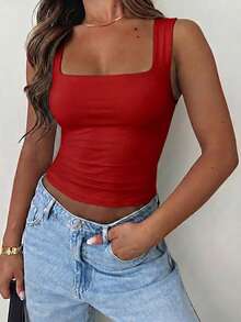 Vaiaye Women's Solid Color Square Neck Fitted Casual Tank Top, Minimalist Solid Color I-Shape Tank Top, Suitable For Daily Commute, Spring/Summer Red - Red - View 3
