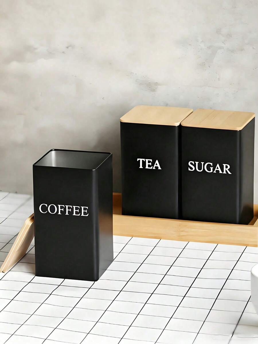 3-Piece Coffee Bean Storage Can Set With Bamboo Lids, Minimalist Metal Airtight Tea, Coffee, And Sugar Storage Containers, Tea Canisters, Sealed Containers, Kitchen Storage Solutions. -Inspired Minimalist Bamboo-Lid Wrought Iron Tea Canister - 彩色 - 查看 1