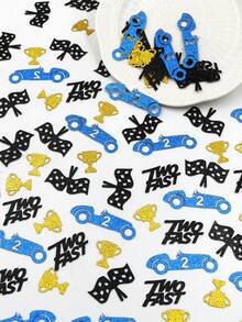 100 piezas Confeti de mesa para fiesta de 2º cumpleaños Two Fast Racing, número 2 rojo, coche de carreras, bandera a cuadros y trofeo, decoración dispersa adecuada para la decoración de la fiesta Two Fast Racing para niños - Azul Negro - Ver 1