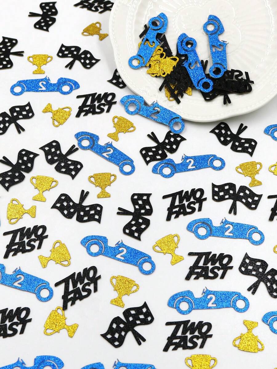 100 piezas Confeti de mesa para fiesta de 2º cumpleaños Two Fast Racing, número 2 rojo, coche de carreras, bandera a cuadros y trofeo, decoración dispersa adecuada para la decoración de la fiesta Two Fast Racing para niños - Azul Negro - Ver 1