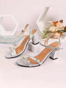 2026 European & American Style Chunky Heel Sandals With Single Strap High Heel Women's Silver Fashion Sandals - Silver - View 2