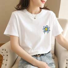 Loose Fit T-Shirt With Anime Cartoon Print - Blue Flowers - View 1