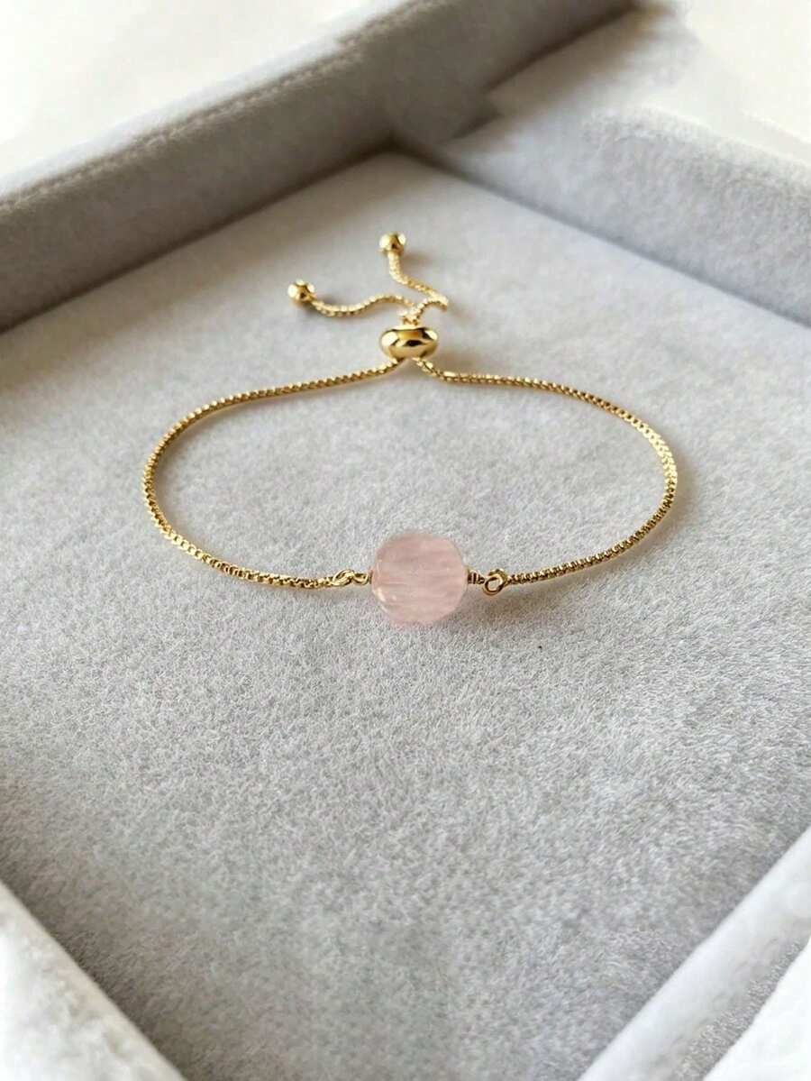 1 chiếc vòng tay hạt thạch anh hồng - Trang sức đá quý thủ công thanh lịch có thể điều chỉnh phù hợp cho phụ nữ đeo hàng ngày - Hồng - Xem 1