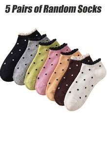5 Pares Aleatórios de Meias Crew Femininas com Babado de Alface e Poá, Cano Médio, Pastel, Macias, Elásticas e Respiráveis, Estilo Universitário Japonês para Uso Diário e Deslocamento de Estudantes - Multicolorido - Visão 5