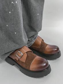 Sapatos Monk Masculinos com Sola Grossa, Fivela Única & Sola Tratorada, Sapatos Slip-On Estilo Trabalho Britânico Vintage para Uso Diário & Casual - Castanho - Visão 4