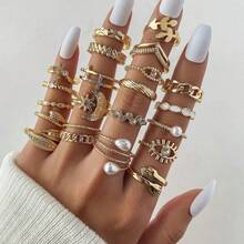 Juego de 23 anillos ajustables para mujer - Joyería de moda apilable con strass dorado, ojo malvado/perla/luna/cruz, apto para uso diario - 23 piezas de ojo de perla - Ver 7