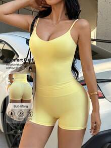 Women's Casual Sports 2 Pieces Set, V-Neck Camisole Top And High-Waisted Fitted Shorts, Suitable For Yoga, Fitness, Daily Wear - Yellow - View 6