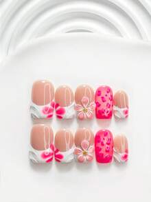 10pcs Sweet Style Handmade Press-On Nails, Polygel Nail Art Set, Five-Petal Flower Design, Pink And White Color, Fresh Style, Includes Nail Tools, 3 Sizes Available: Square, Short Square, Almond, Suitable For Party, Dancing, Daily Wear - Multicolor - View 14