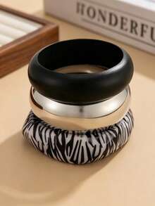 3pcs Chunky Bangle Bracelet Set For Women, Zebra Print, Matte Black & Metallic Silver Bracelet Stack, Statement Summer Jewelry Accessories - one-size - View 4