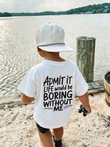 Young Boy Casual Graphic Print Crew Neck Short Sleeve T-Shirt, Summer Top - White - View 1