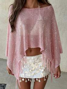 Suéter de punto rosa para mujer, primavera/verano, para vacaciones en la playa e isla, cuello amplio, multiusos, calado, con borlas, bajo asimétrico, holgado, para banquete, calle, versátil, casual, con protección solar, tipo cover-up - Rosa - Ver 1
