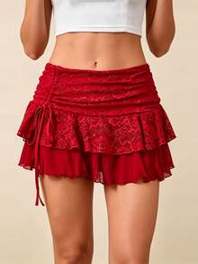 Womens Mini Skirt Lace Floral Tiered Ruffle Low Waist Side Drawstring Going Out Cake Skirts - 紅色 - 查看 5