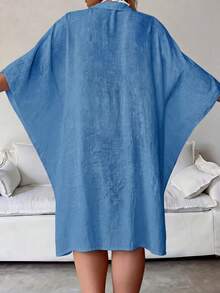 Große Größen Blaues langes Strandkleid, Kragen, halbtransparentes gewebtes Material, perfekt für Sommer/Herbst Urlaubskleidung mit Bikini - Blau - Übersicht 3