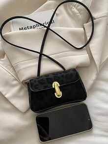 Women's Mini Leopard Print Crossbody Bag, Vintage Curved Flap Design, Metal Clasp Closure, Adjustable Spaghetti Strap, Fashionable For Daily And Party Use - Black - View 4