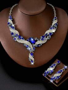 Elegant Blue Diamond Necklace And Earrings Set, Zinc Alloy Shiny Crystal Jewelry, Suitable For Wedding And Evening Party - Royal Blue - View 5
