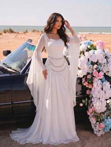 Elegant Elegant Ruffle Sleeve High-End Square Neck Heat-Pressed Rhinestone Studded Design Mesh Splicing Pleated Hem Dress Music Festival - White - View 2
