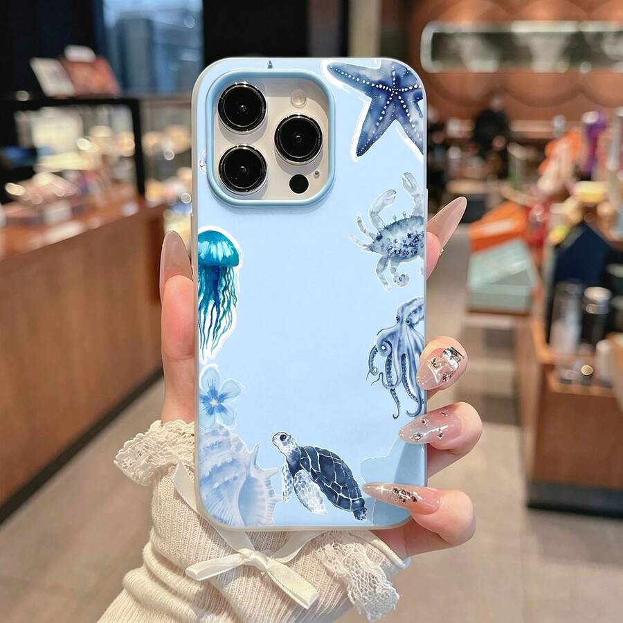 Tema de animales marinos en acuarela azulfunda de teléfono Fundas compatibles con ,Apple,VIVO,OPPO,,, y Honor.Fabricadas en silicona TPU,ofrecen protección contra golpes y caídas. - Azul - Ver 1