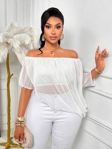 AIJ Amarilo Plus Size Women White Off-Shoulder Short Sleeve Semi-Sheer Asymmetric Chiffon Top Summer - White - View 3