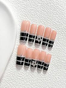 10片裝 Y2K 風格手工穿戴甲，Polygel 美甲套組，鏤空星星與斑馬紋，黑灰色指甲油，休閒風，附美甲工具，3 種尺寸可選，杏仁/鴨嘴/棺材形，適合派對、跳舞、日常配戴 - 彩色 - 查看 4