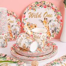 97PCS Wild One Safari Animal Tableware Set, Floral Jungle Theme Party Supplies, Disposable Plates Cups Napkins Kit For Kids Celebration, Family Event, Outdoor Gathering - A - Übersicht 2
