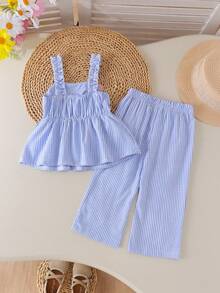 2pcs Baby Girls Cute Colorful Floral Decor Spaghetti Strap Ruffle Hem Top And Matching Elastic Waist Wide Leg Pants Set, Summer - Blue and White - View 2