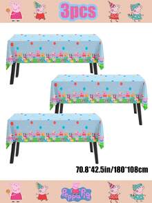 Mantel desechable con estampado de grupo de Peppa Pig sobre base azul, diseño de borde con globos punteados combinado con material PE impermeable. Disponible en opciones de juego de varias piezas, tela a prueba de aceite y fácil de desechar, perfecta para la decoración de mesas de fiestas temáticas y banquetes - Multicolor - Ver 11