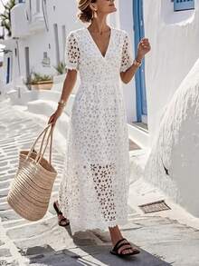 Vestido casual diario para mujer con flor de seis pétalos calada, elegante para vacaciones, blanco de verano - Blanco - Ver 3