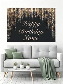 Pancarta personalizable con tema de nombre y cumpleaños, fondo negro y dorado, diseño de piedras de strass plateadas con brillo, ideal para la mesa del pastel en la fiesta de cumpleaños, telón de fondo para fotografía - Oro gris - Ver 7
