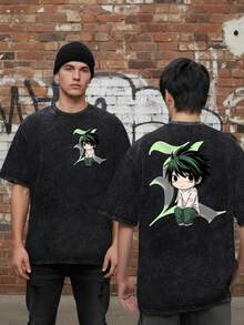 Unisex Washed Black Short Sleeve T-Shirt For Men And Women, With Japanese Anime Character Illustration Lawliet Chibi, Gothic Letter L, Retro Harajuku Streetwear Style, Hip Hop, Casual - 黑色 - 查看 2